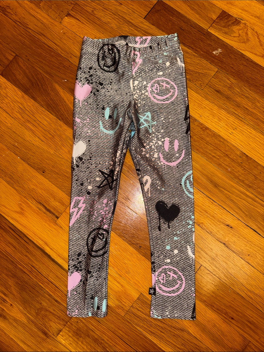 PixieLane girls Grey Graphic Smiley Leggings with Pink & Teal Accents